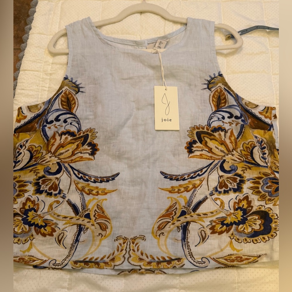 Joie Light Blue Linen Cold-Shoulder Embroidered Floral Top